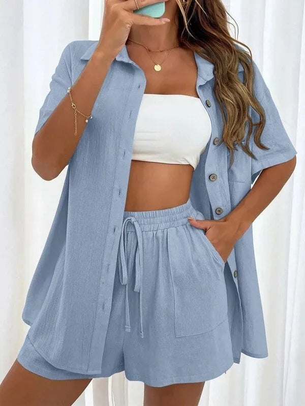 Ladies Casual Summer Suit Loose Shirt Shorts Two-Piece Set