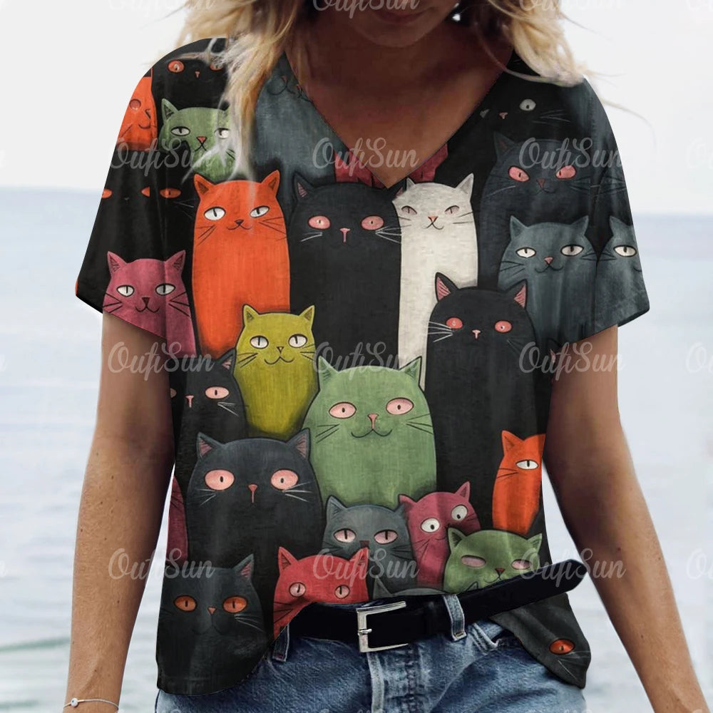 Oversized Cat Print Crew Neck Casual T-Shirt