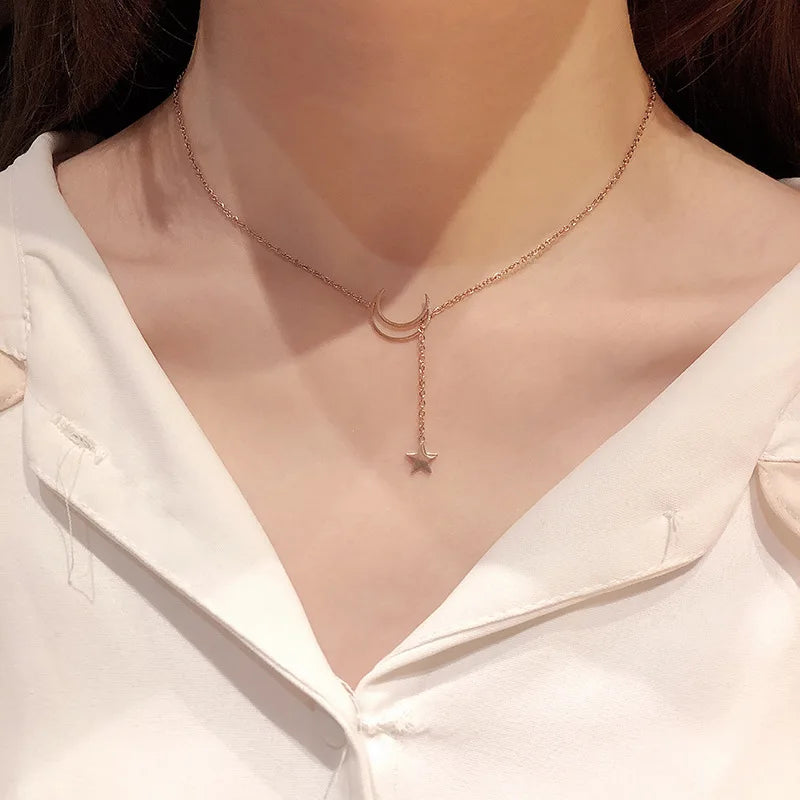 Simple Moon Star Pendant Choker Necklace