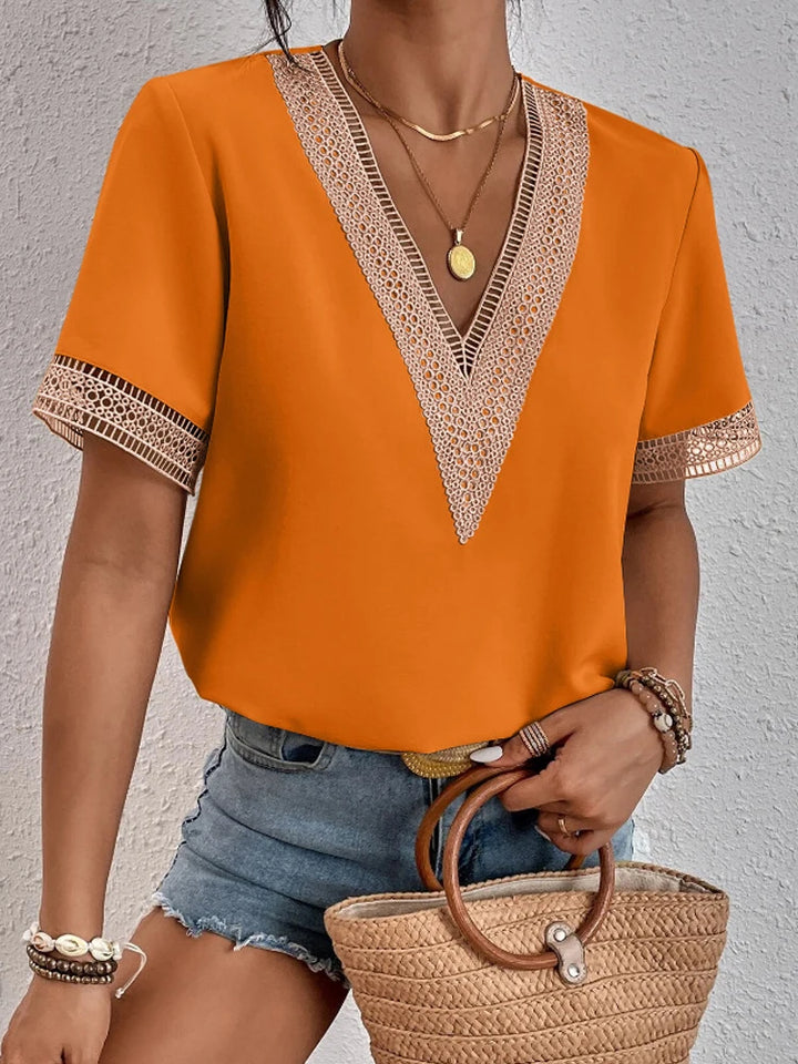 Summer Lace V-Neck Casual Short-Sleeve Pullover Blouse