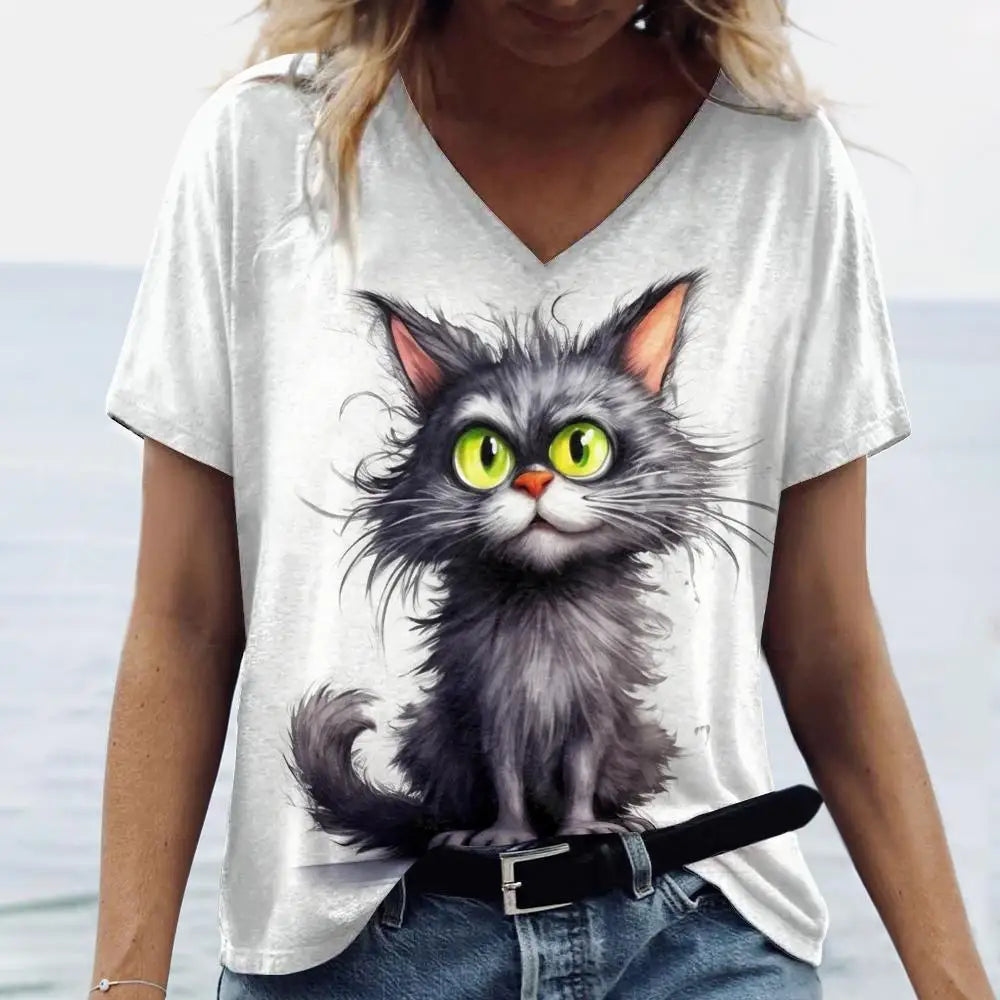 Oversized Cat Print Crew Neck Casual T-Shirt