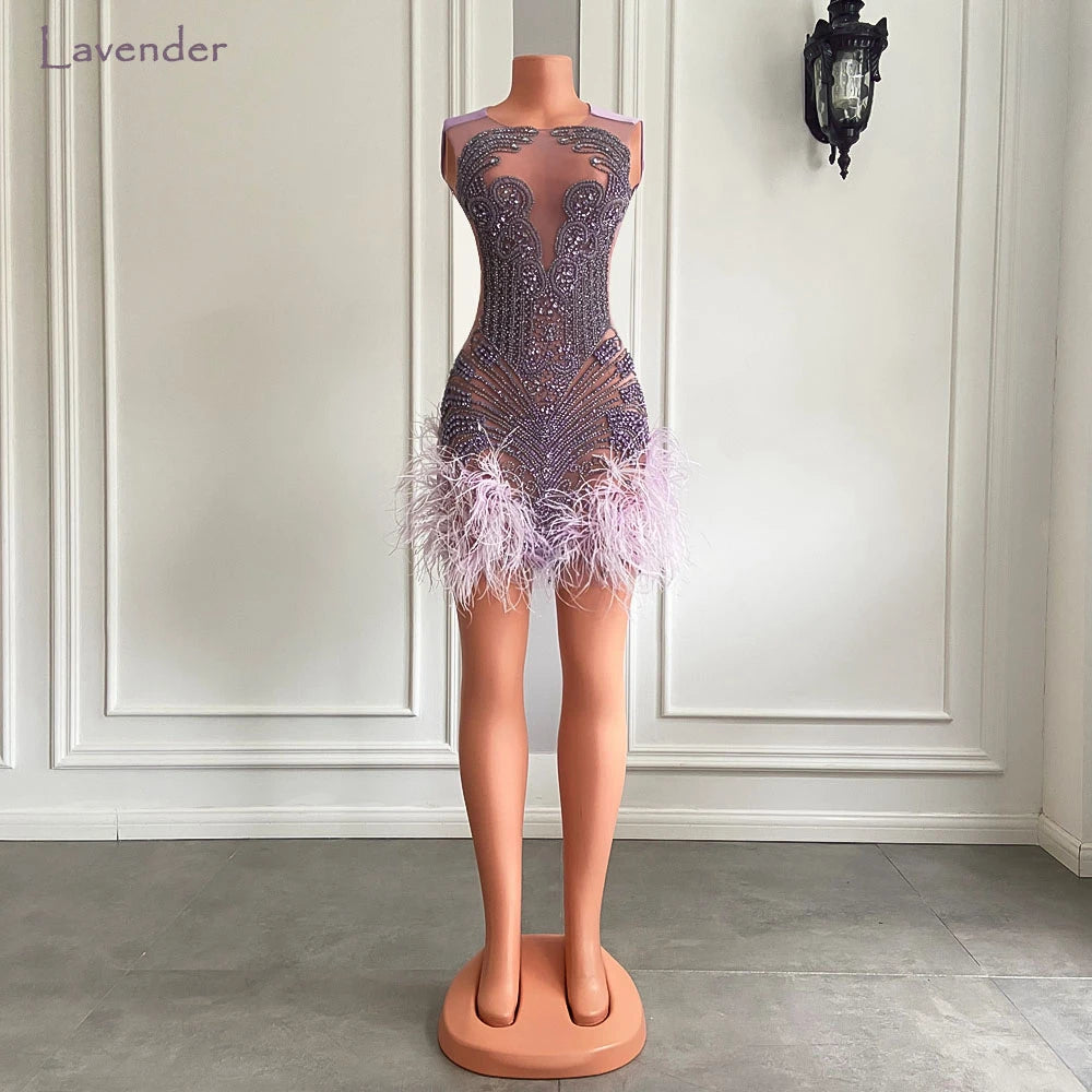 Sparkly Diamond Luxury Pink Feather Mini Dress