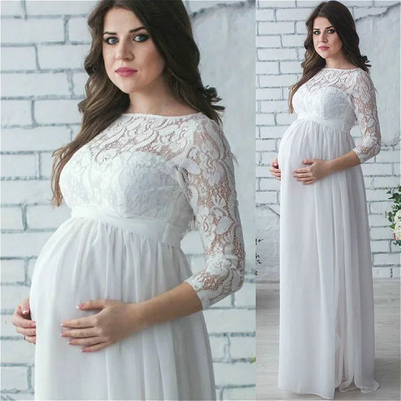 Elegant Long-Sleeve Lace Maternity Maxi Dress