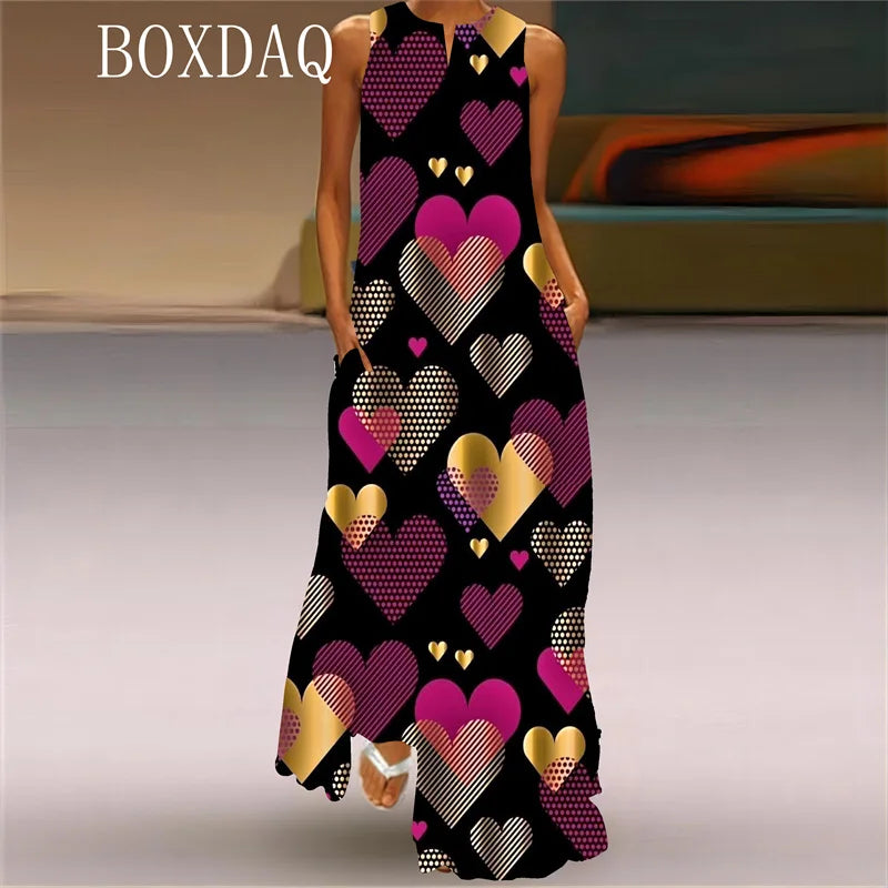 Elegant Gradient Love-Printed Long Dress