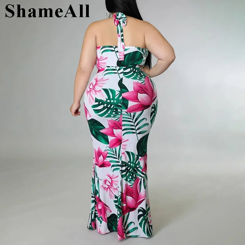 Plus Size Floral Two-Piece Halter Crop Top Maxi Set