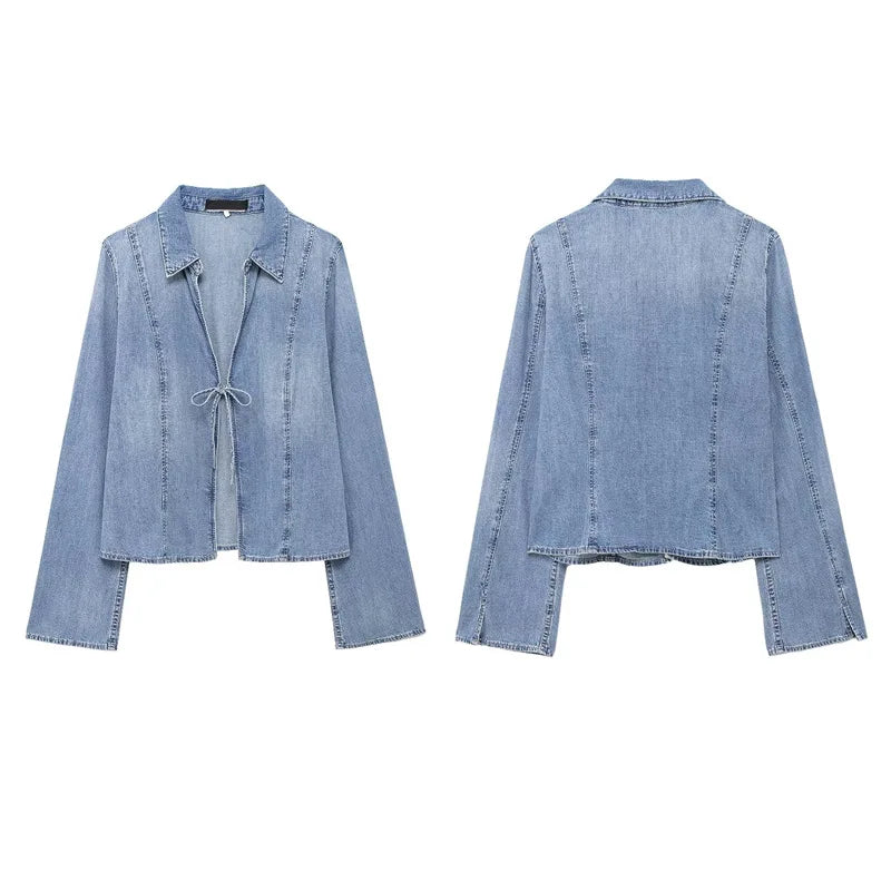 V-Neck Denim Cardigan Lace Up Slim Fit Casual Women Jacket