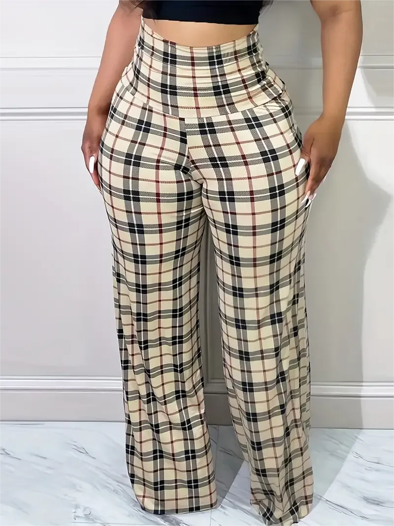 Plaid Wide-Leg High Waist Women’s Casual Trousers