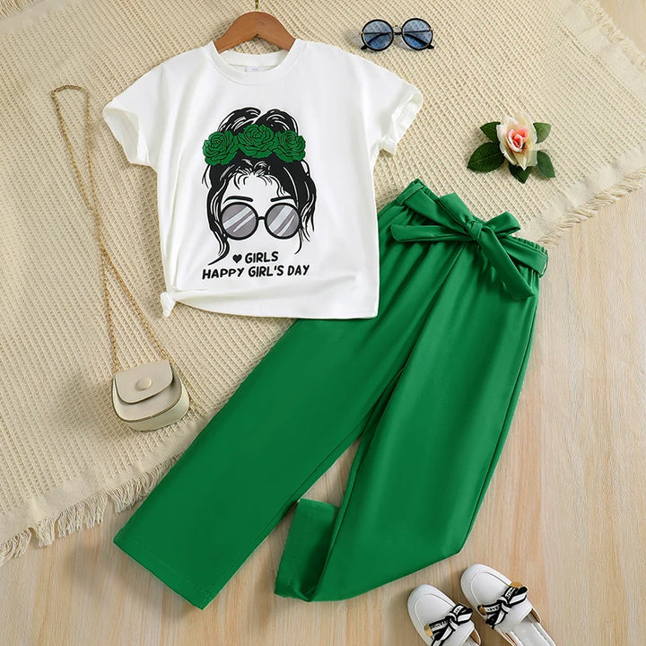 2pcs Girl Cartoon Print Knit Top