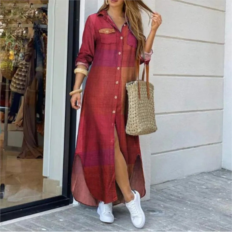 Elegant Long Sleeve Plaid Robe Maxi Shirt Dress