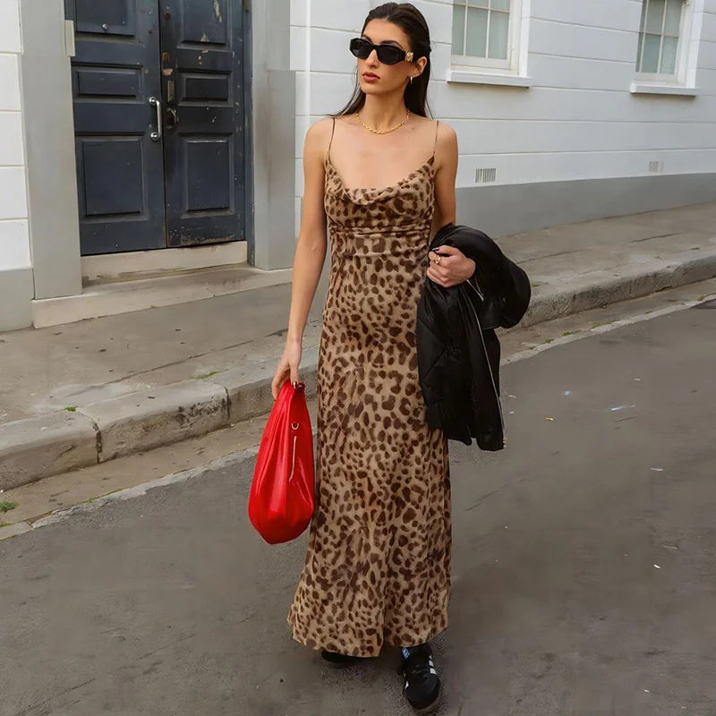 Vintage Leopard Print Spaghetti Strap Backless Summer Dress