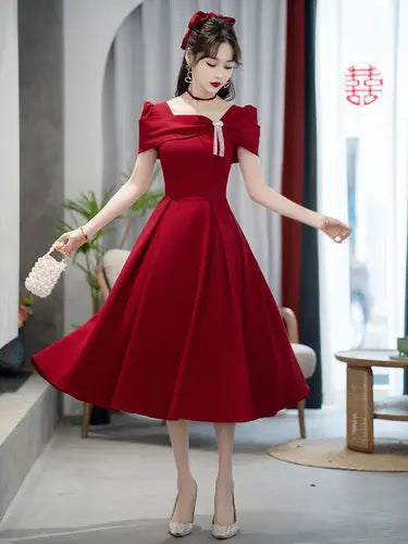 Elegant Solid Color Square Collar Long Sleeve A-line Dress