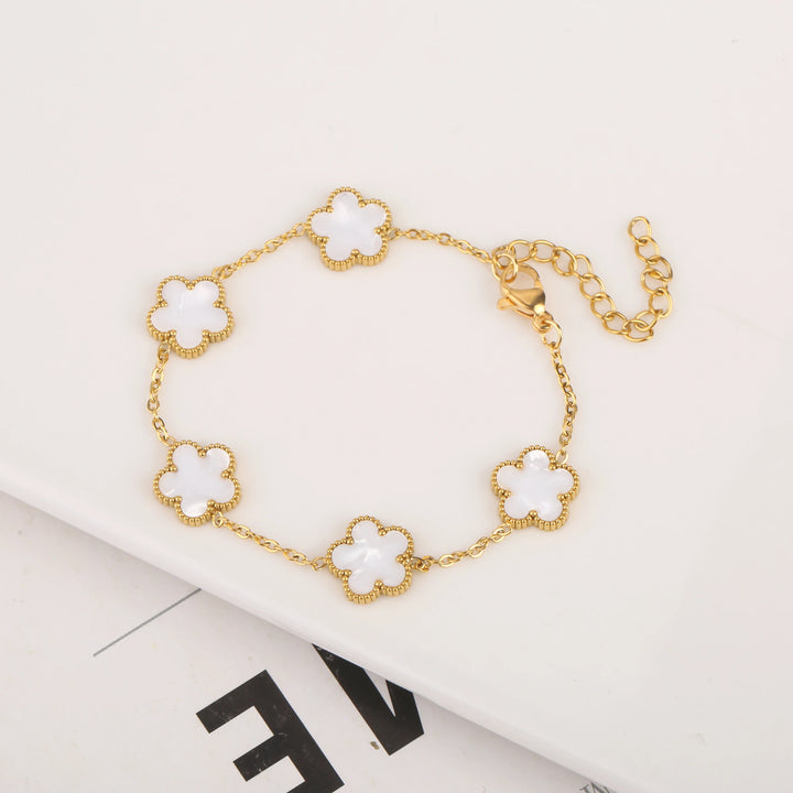 Adjustable Gold-Plated Stainless Steel Five-Leaf Clover Bracelet