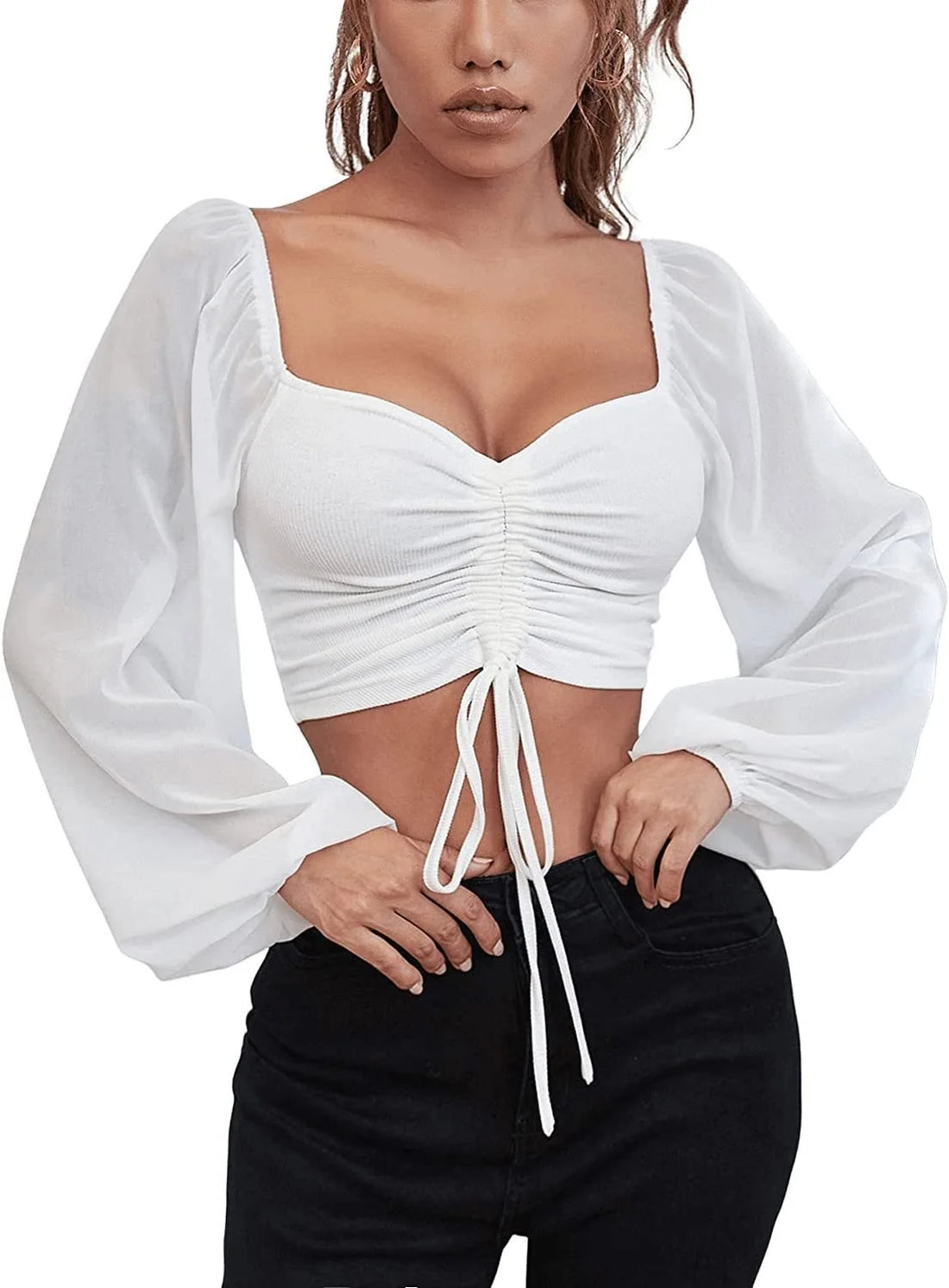 Sweetheart Neck Ruched Lantern Sleeve Crop Top