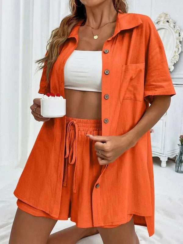 Ladies Casual Summer Suit Loose Shirt Shorts Two-Piece Set