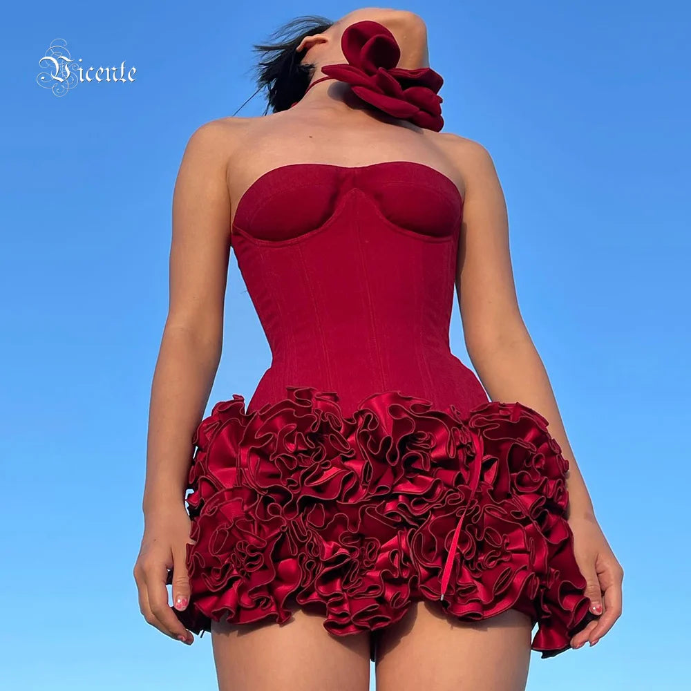 Strapless Red Floral Embellished Bodycon Cocktail Dress