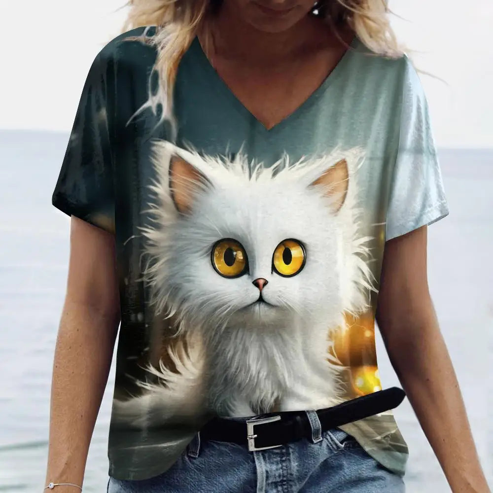 Oversized Cat Print Crew Neck Casual T-Shirt