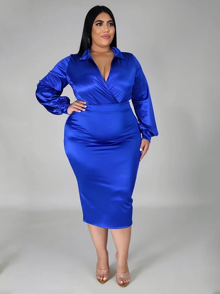 Plus Size Women’s Satin Long Sleeve Bodysuit Two-Piece Set