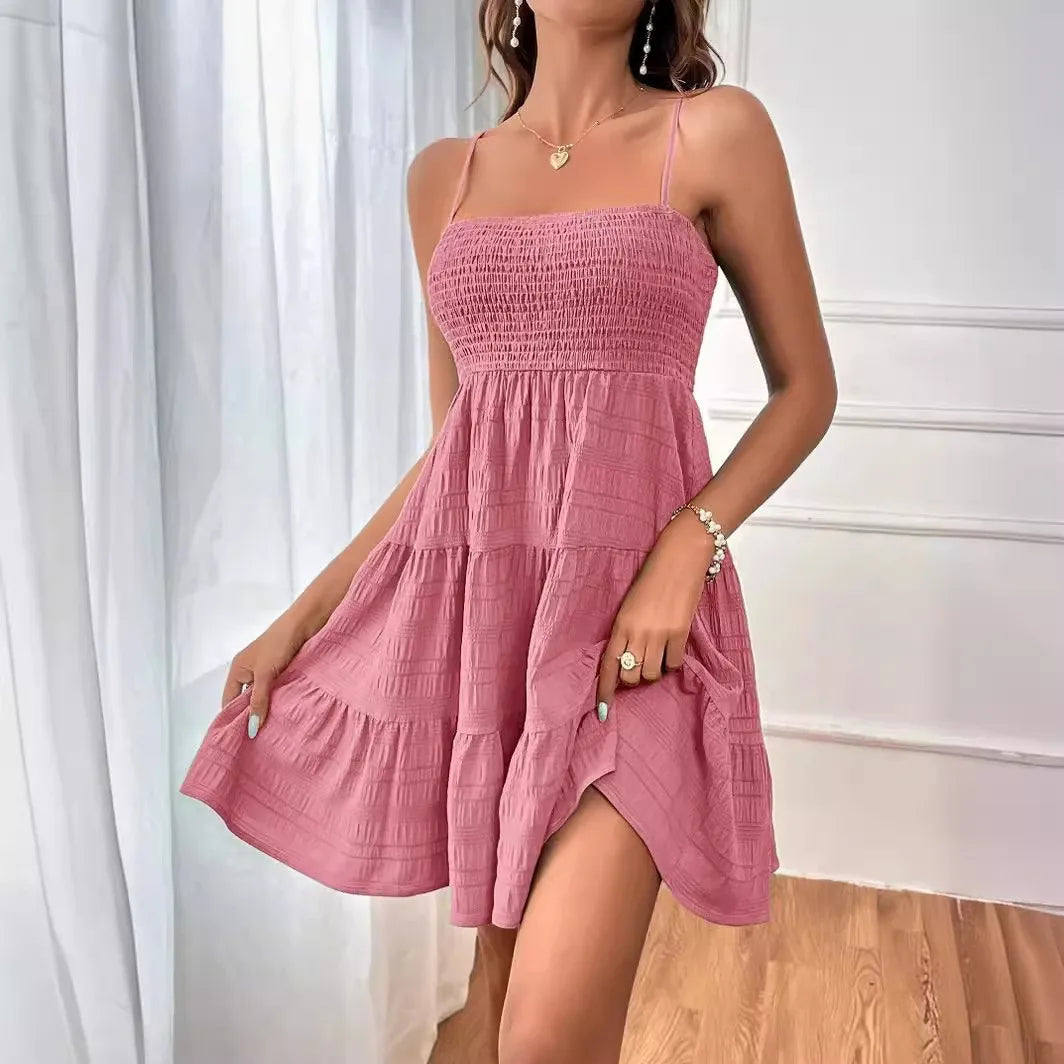 Summer Solid Color Thin Strap One-Line Neckline Versatile Dress