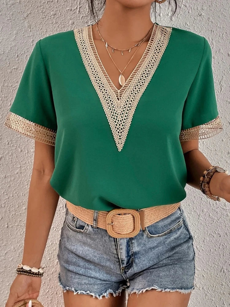 Summer Lace V-Neck Casual Short-Sleeve Pullover Blouse