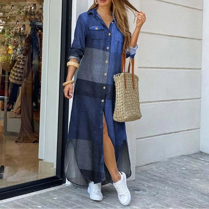 Elegant Long Sleeve Plaid Robe Maxi Shirt Dress