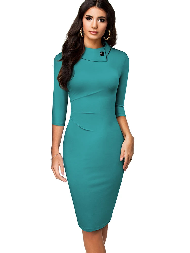 Elegant Vintage Buttoned Office Bodycon Dress