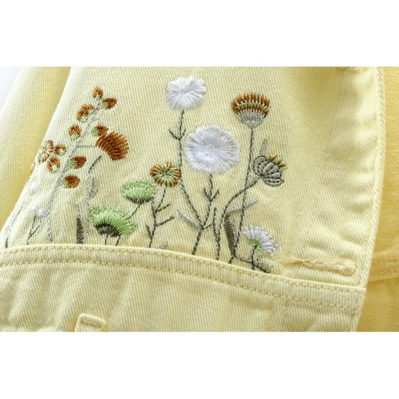 Chic Floral Embroidery Crop Denim Jacket