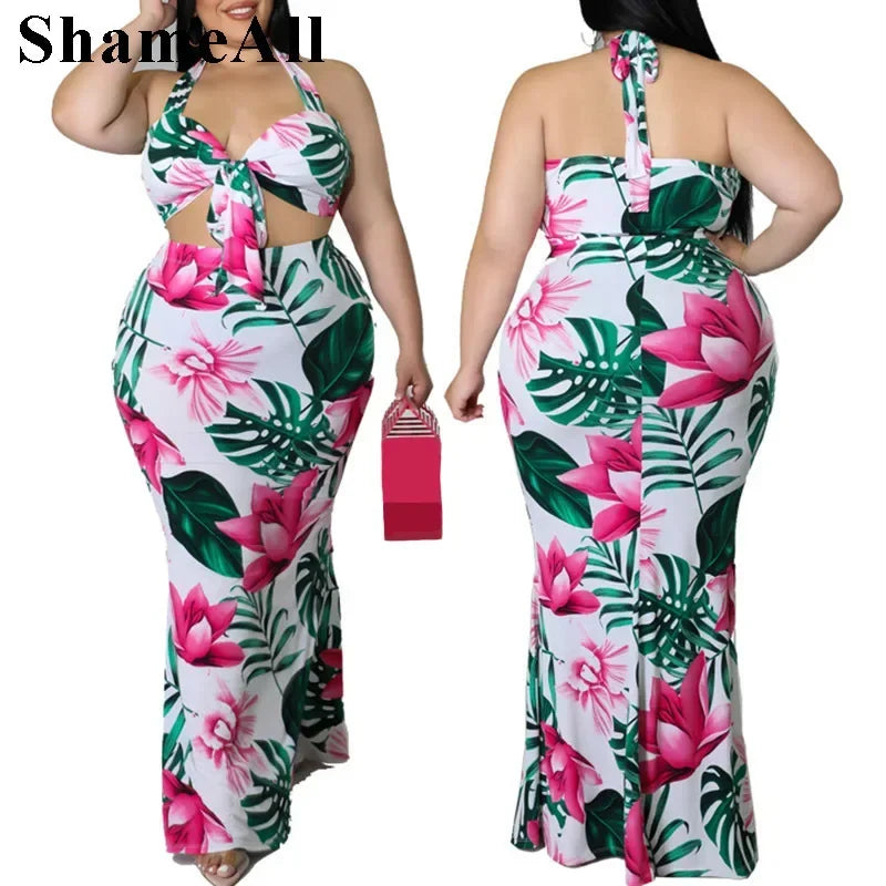 Plus Size Floral Two-Piece Halter Crop Top Maxi Set