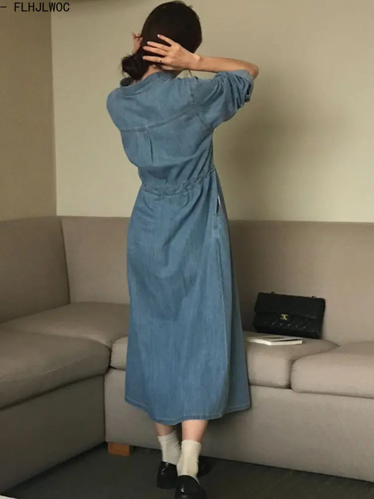 Women Retro Vintage Blue Long Shirt Dress