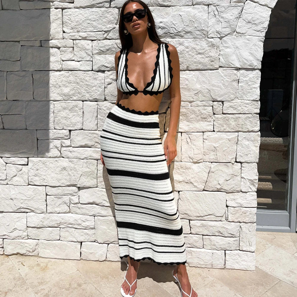 Sexy Bohemian Striped Knitted Beach Skirt Two-Piece Set