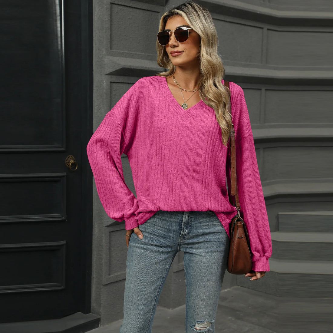 Solid Color V-neck Long Sleeved Loose Casual T-shirt