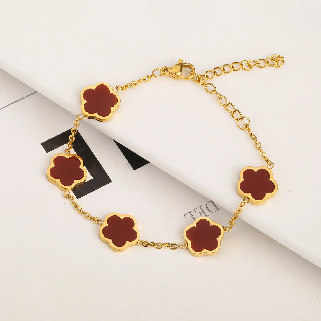 Adjustable Gold-Plated Stainless Steel Five-Leaf Clover Bracelet