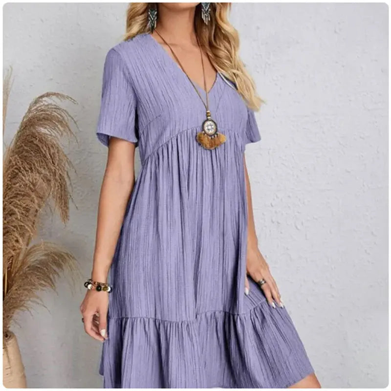 V-Neck Short Sleeve Loose Waist Ruffle Dress