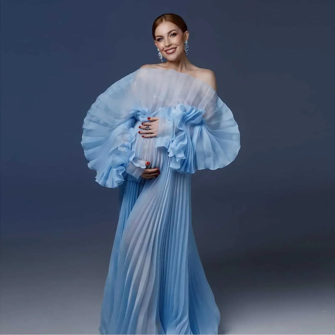 Sheer Blue Pleated Maternity Dress