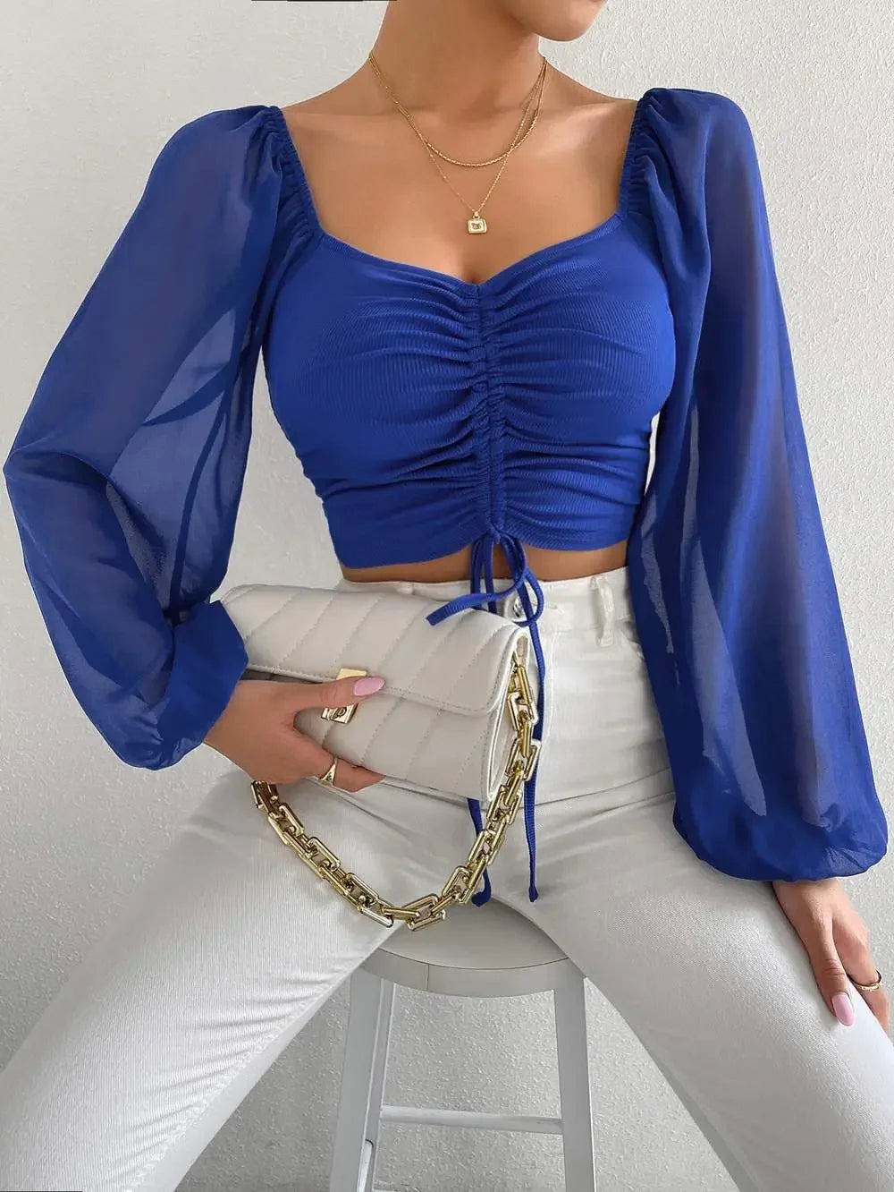 Sexy Mesh Lantern Sleeve Drawstring Wrap Midriff T-Shirt