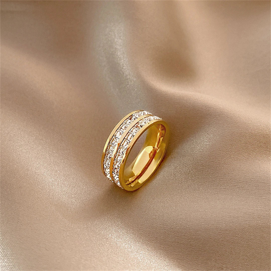 Luxury Rose Gold Double Row Zircon Stainless Steel Ring