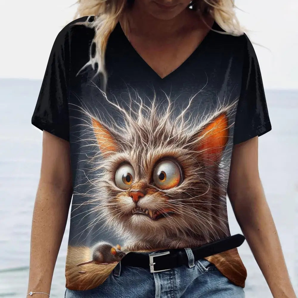 Oversized Cat Print Crew Neck Casual T-Shirt