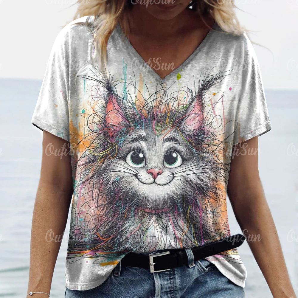 Oversized Cat Print Crew Neck Casual T-Shirt