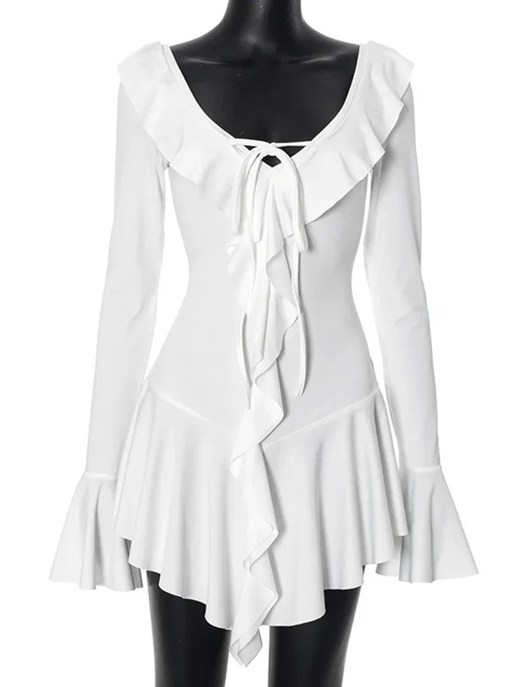 White Deep V-Neck Ruffled Dress with Long Flare Sleeves