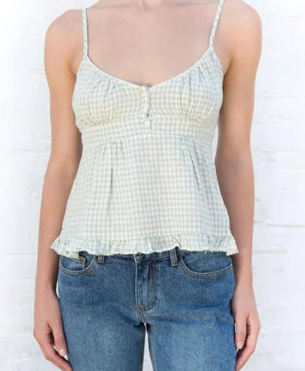 Blue Plaid Button Camisole Sleeveless Vintage Summer Top