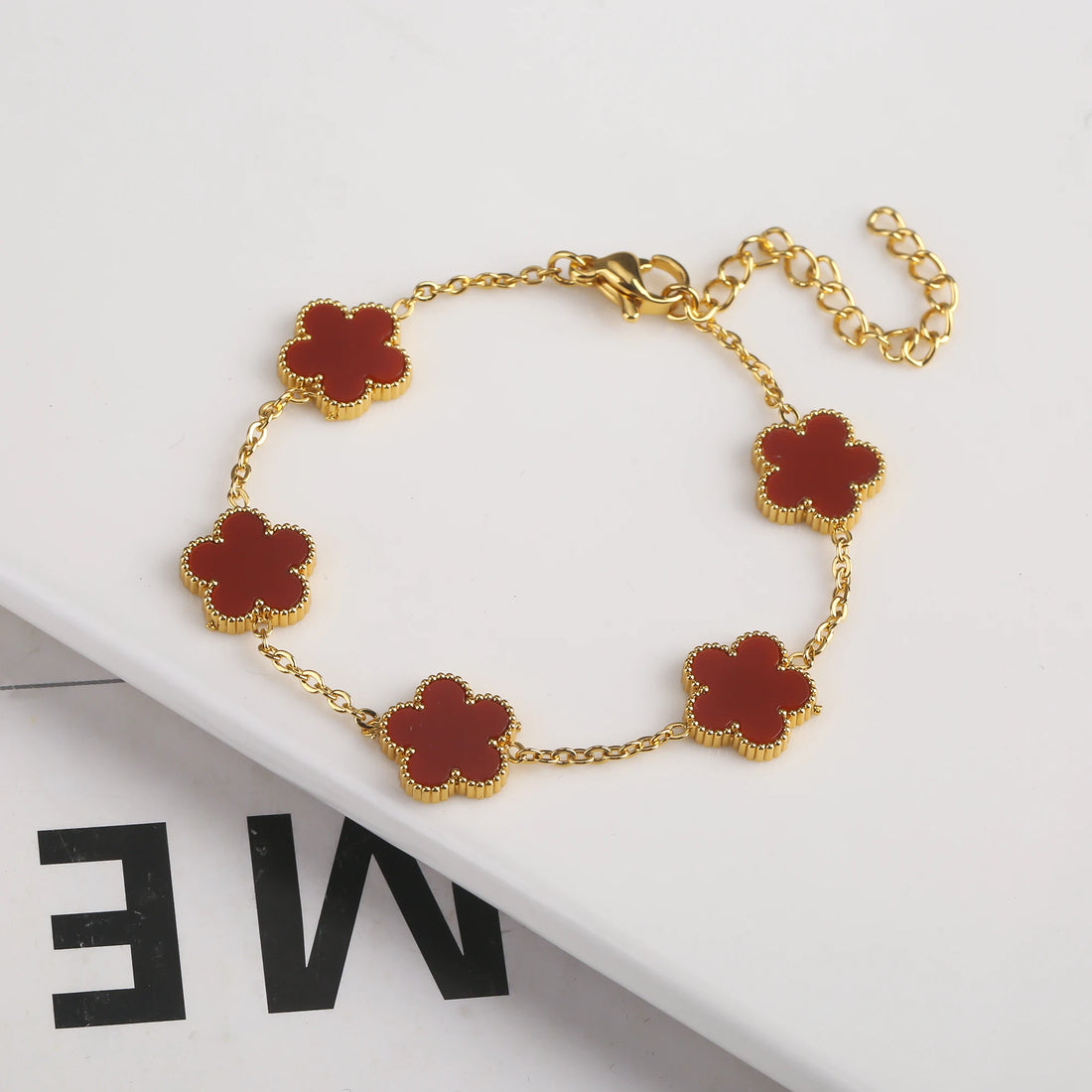 Adjustable Gold-Plated Stainless Steel Five-Leaf Clover Bracelet