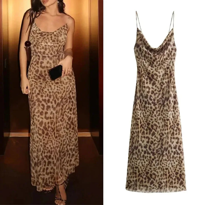 Leopard Print Tulle Backless Slip Midi Dress for Women