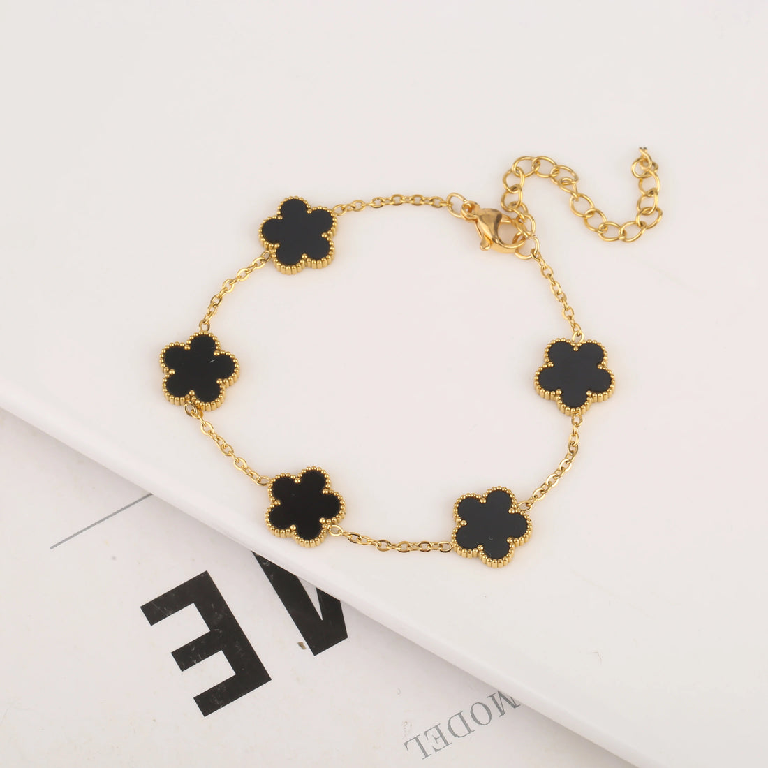 Adjustable Gold-Plated Stainless Steel Five-Leaf Clover Bracelet