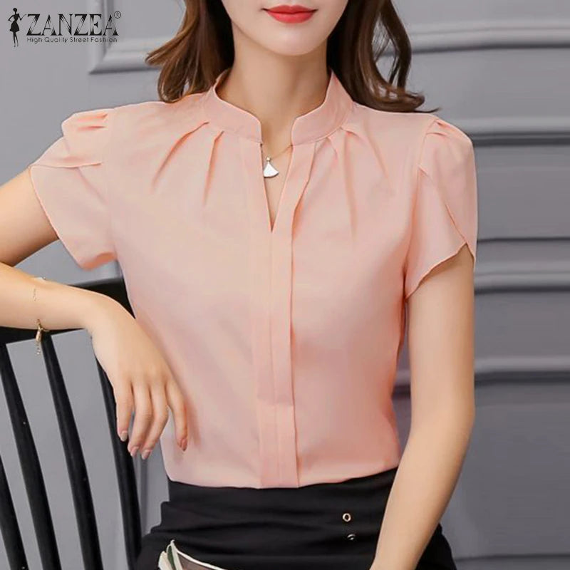 Formal Office V-neck Ruffle Chiffon Pleated Blouse