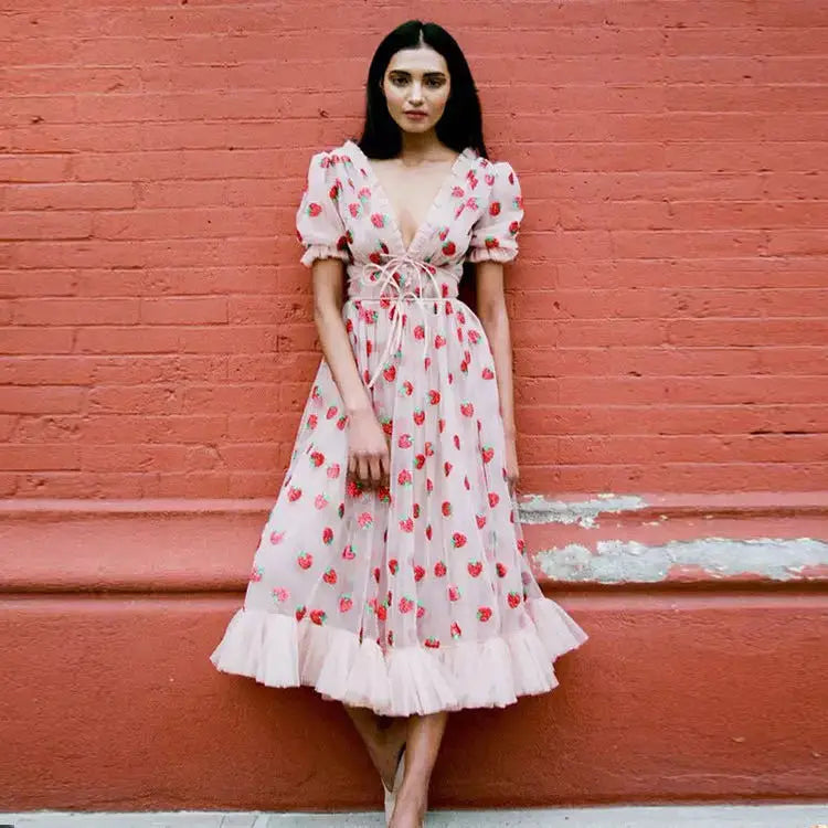 French Sequined Strawberry Mesh Maxi Dress