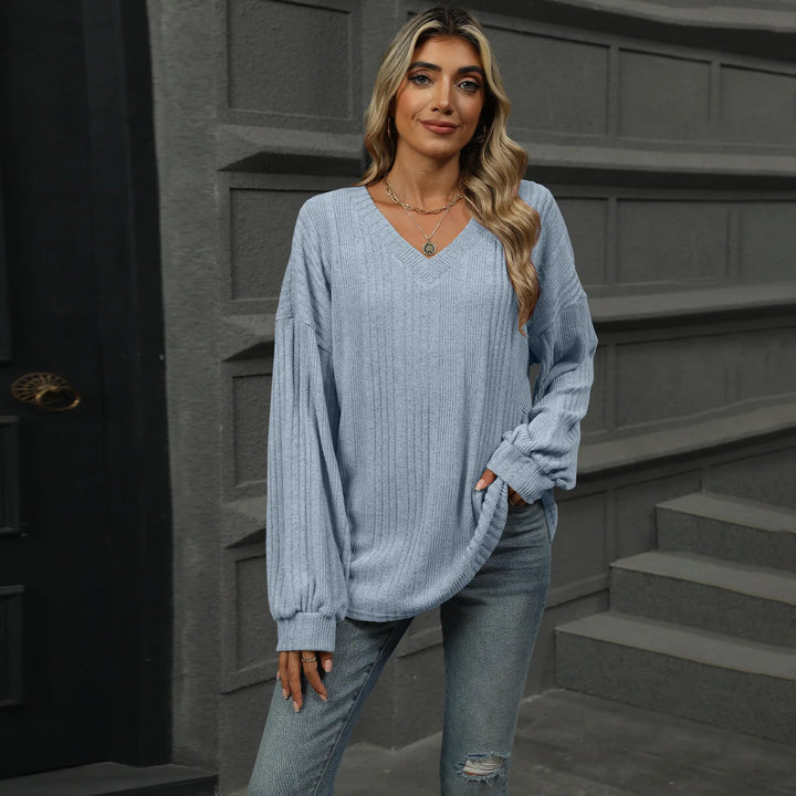 Solid Color V-neck Long Sleeved Loose Casual T-shirt