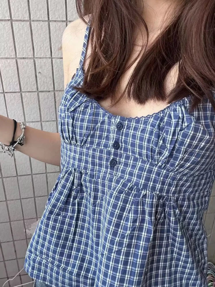 Blue Plaid Button Camisole Sleeveless Vintage Summer Top