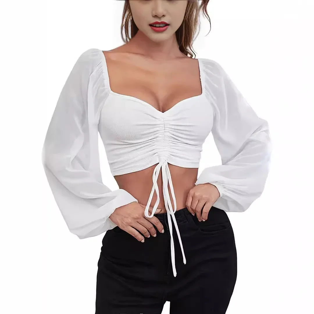 Sexy Mesh Lantern Sleeve Drawstring Wrap Midriff T-Shirt