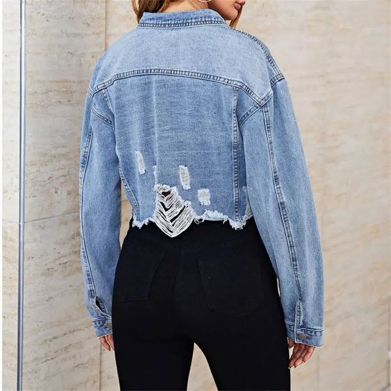 Fashion Broken Holes Tassel Hem Denim Jacket