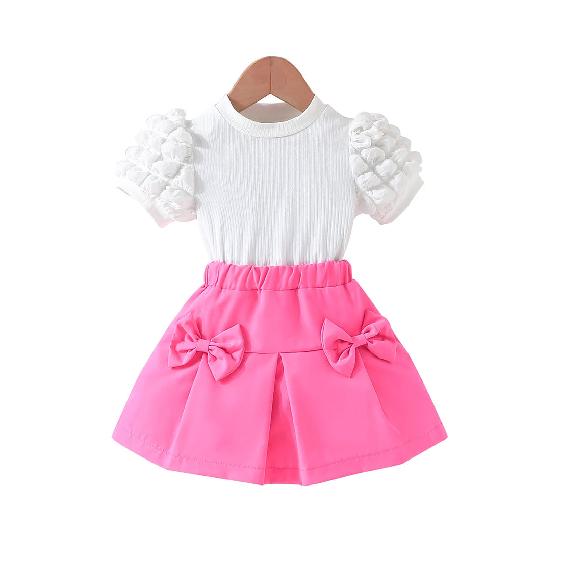 Girls Puff Sleeve Blouse and Elastic Skirt Summer Clothing Set