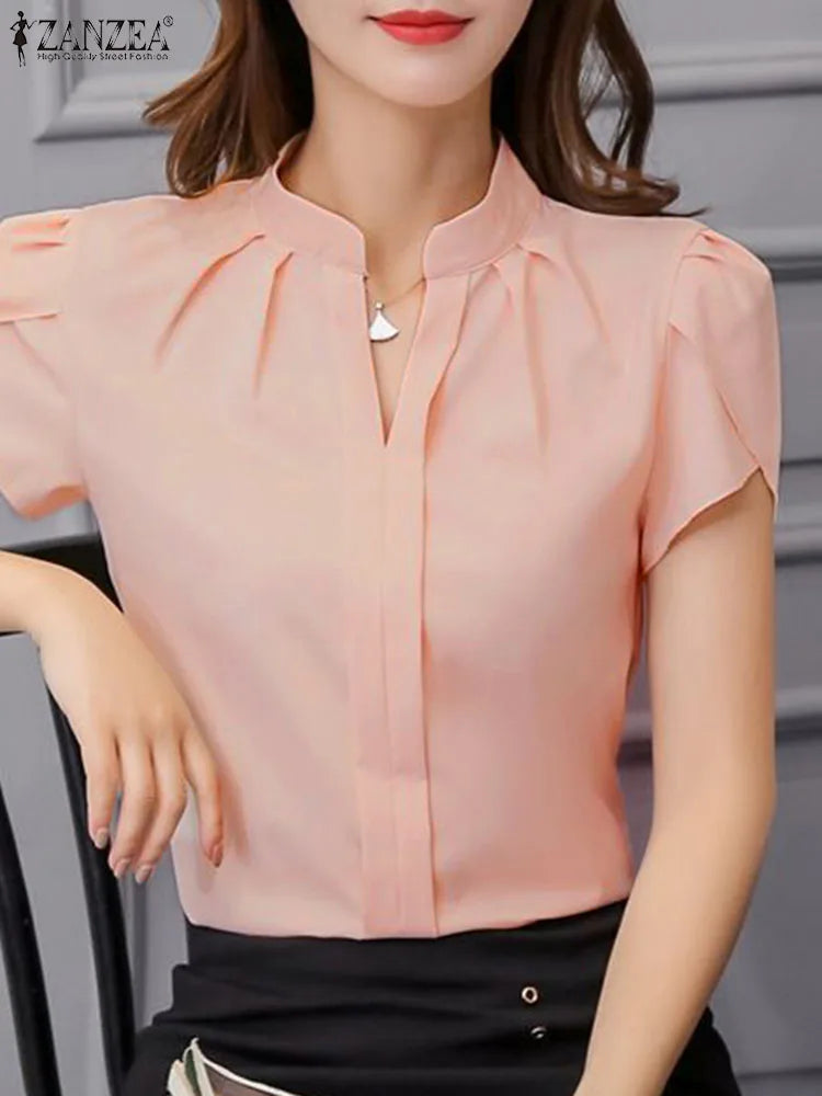 Formal Office V-neck Ruffle Chiffon Pleated Blouse